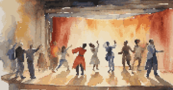 A scene from a theater rehearsal with actors in dynamic poses and a director guiding them, surrounded by colorful props and warm lighting.