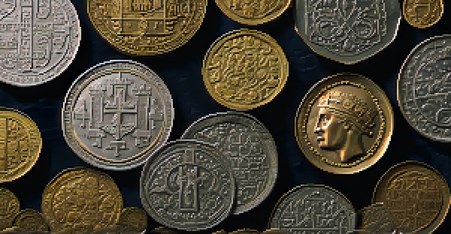 A display of medieval coins on a dark cloth, showcasing their intricate designs and textures.