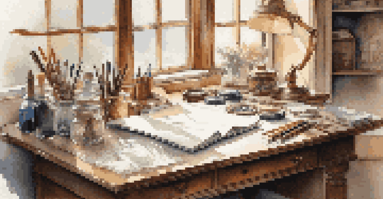 A calligraphy workspace with pens, ink, and paper on a wooden desk, illuminated by natural light.