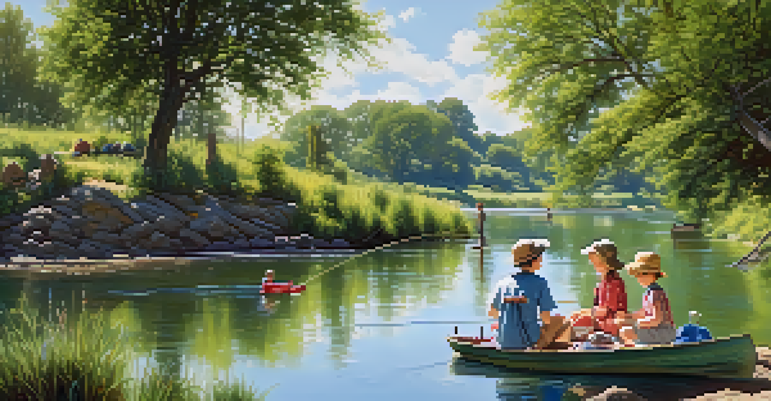 A family enjoying a fishing trip by the river, with children learning to fish and a picnic setup nearby.