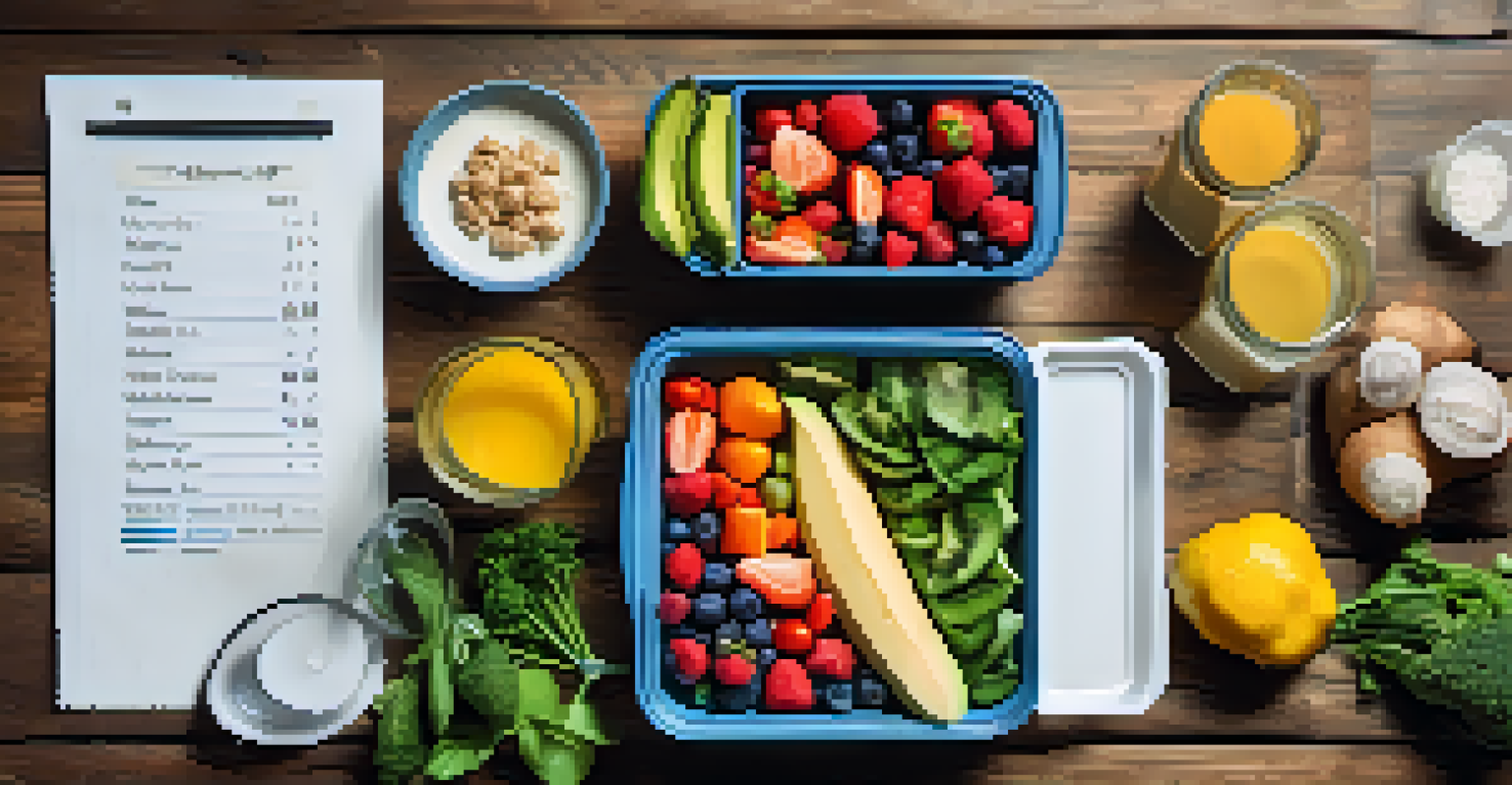 A flat lay of healthy meal prep ingredients, including colorful fruits and vegetables, arranged on a wooden table.