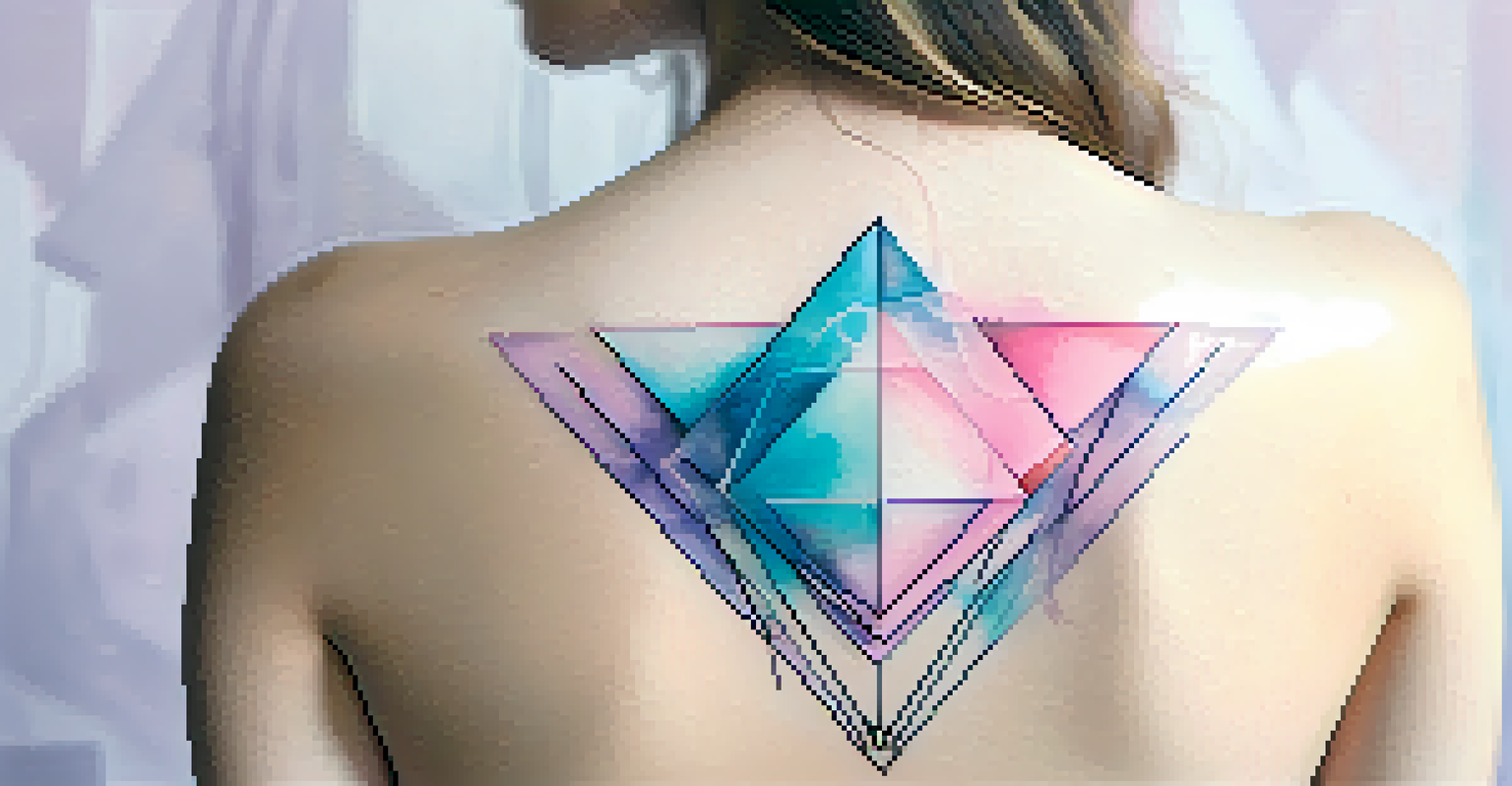 An abstract watercolor tattoo with geometric shapes in pastel colors on a person's upper back.