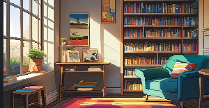 A cozy reading nook with colorful graphic novels on a wooden shelf, a plush armchair, and a steaming cup of tea, illuminated by soft sunlight.