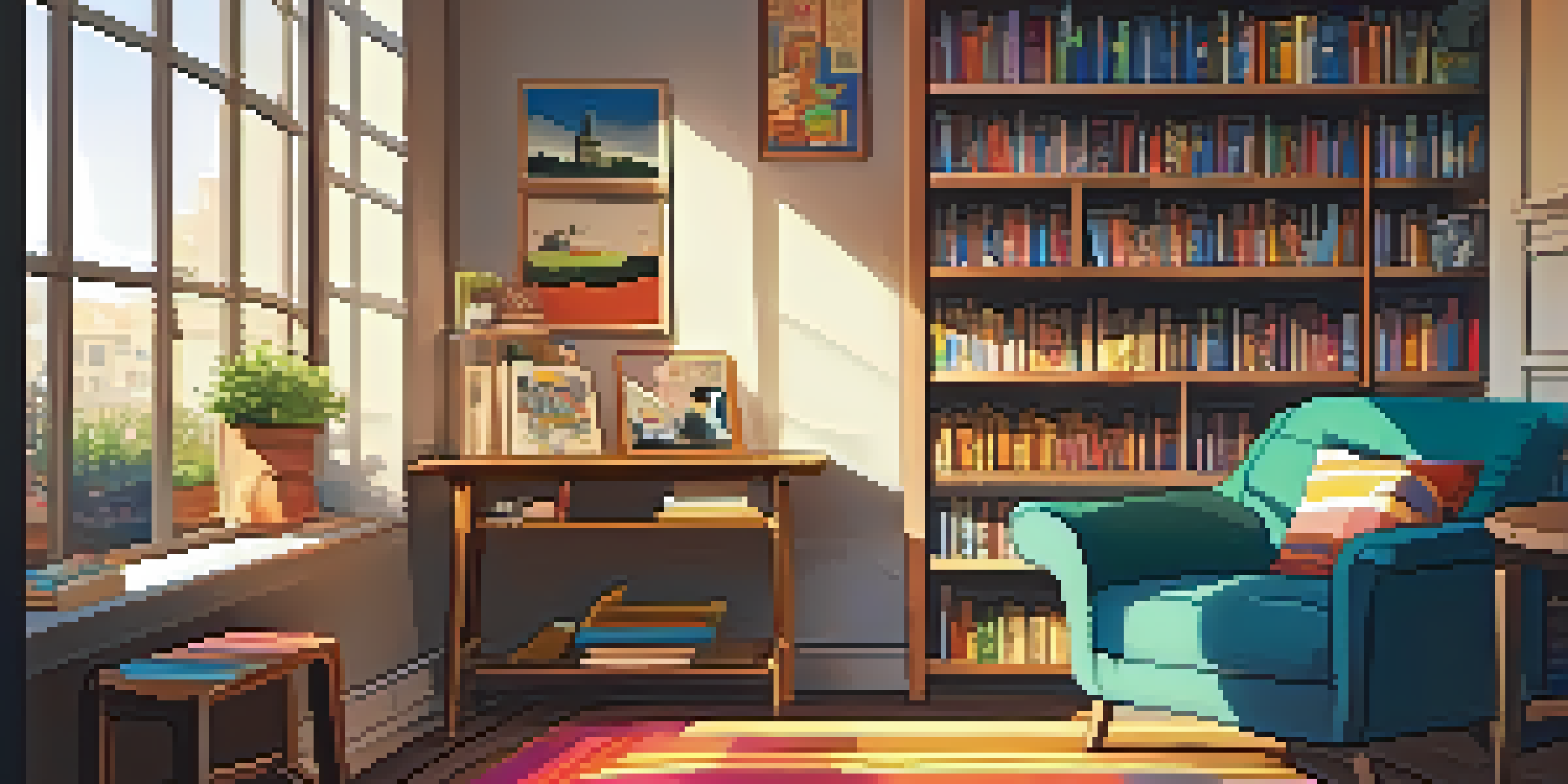 A cozy reading nook with colorful graphic novels on a wooden shelf, a plush armchair, and a steaming cup of tea, illuminated by soft sunlight.