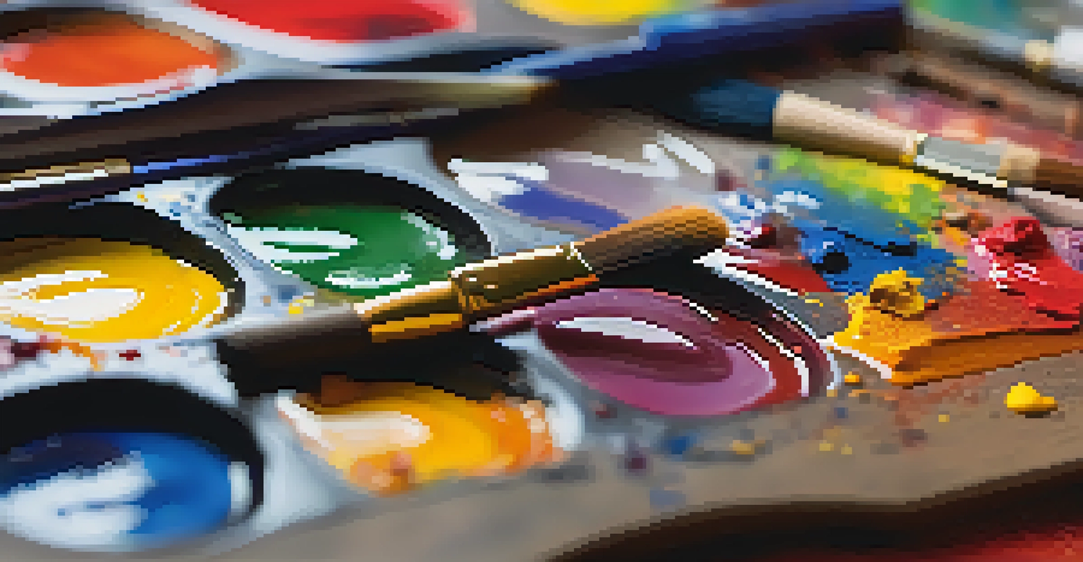 A close-up of an artist's palette filled with vibrant acrylic paints, with brushes nearby and a blurred canvas in the background.