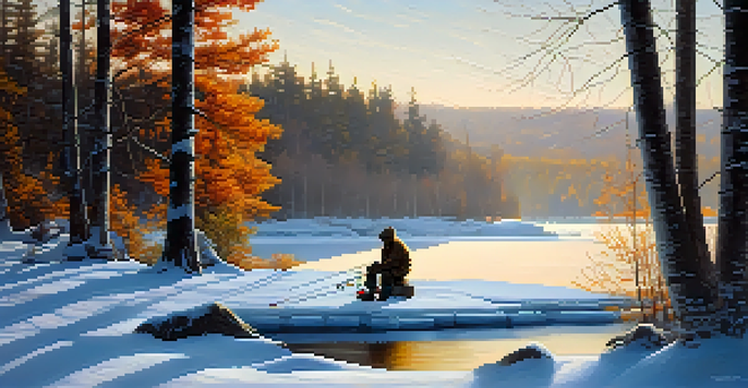 A peaceful winter scene of a lone ice fisherman on a frozen lake, surrounded by snow-covered trees, with soft morning light reflecting on the ice.