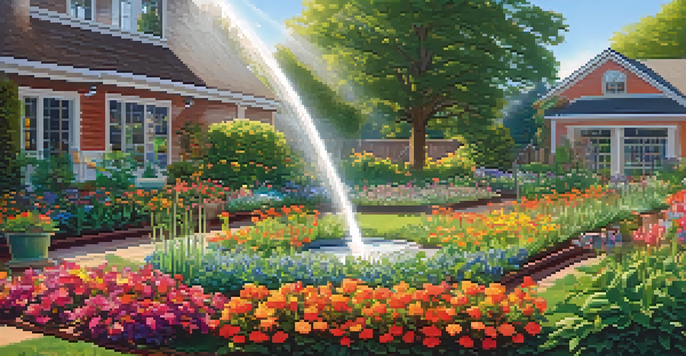 A sunny garden with a smart irrigation system watering colorful flowers and plants, showcasing hoses and sensors.