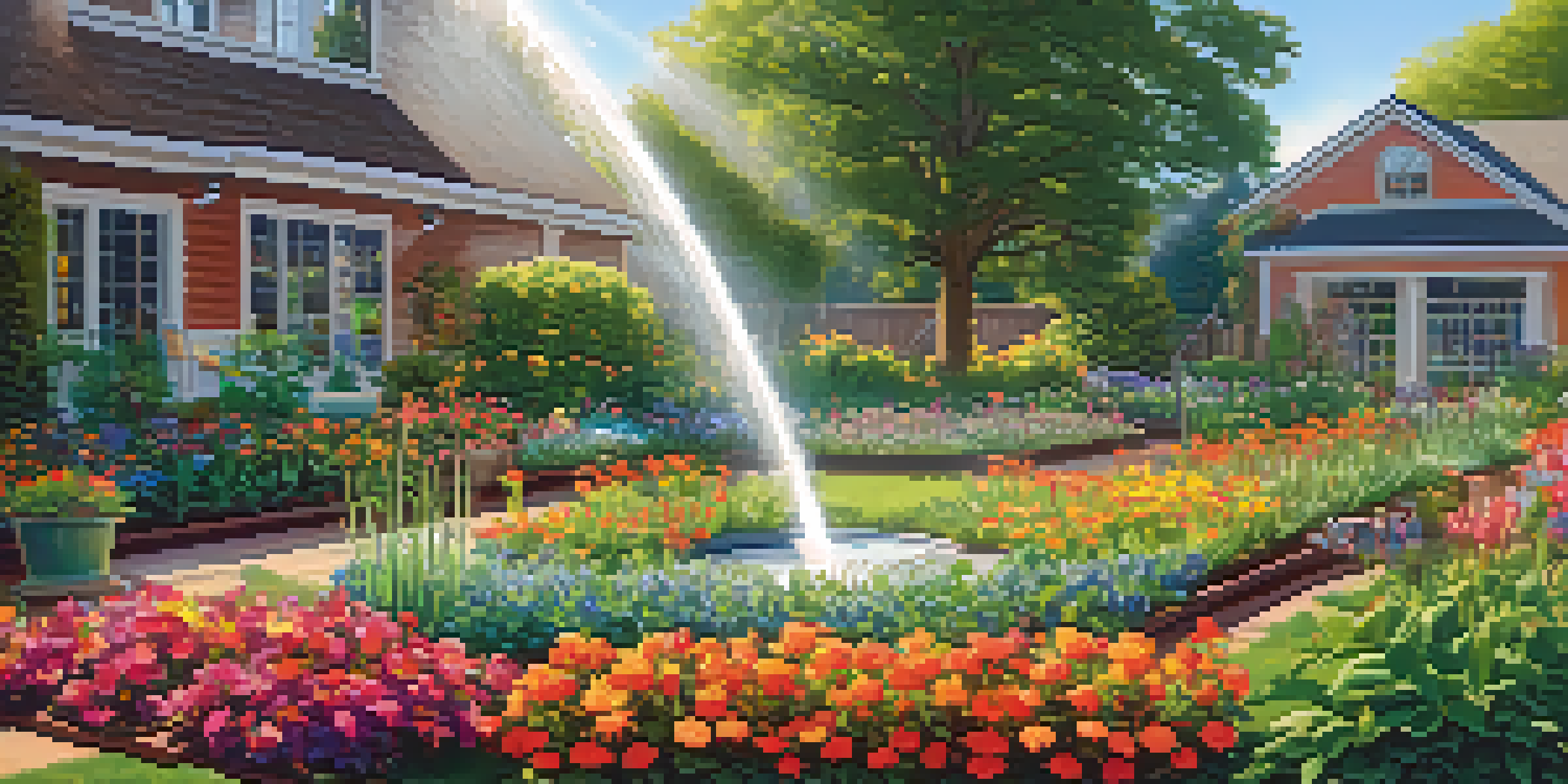 A sunny garden with a smart irrigation system watering colorful flowers and plants, showcasing hoses and sensors.