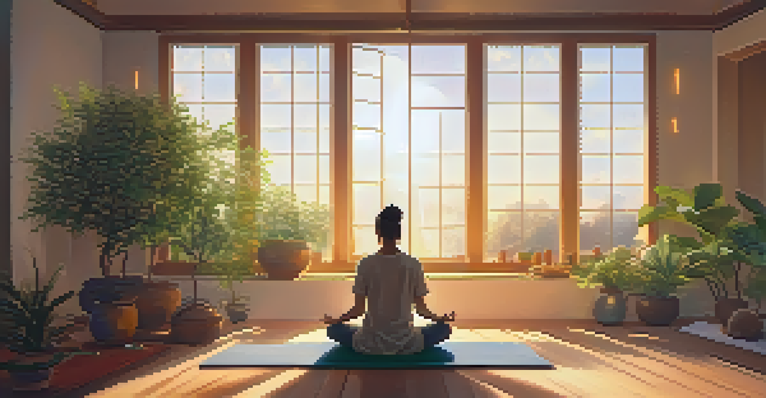 A person meditating in a cozy room with warm light, surrounded by calming elements like plants and candles.