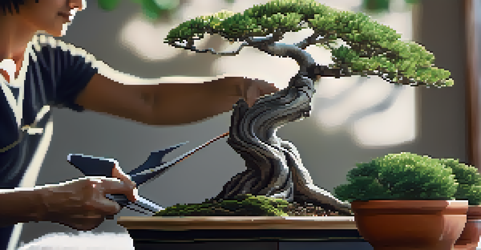 A close-up of a gardener pruning a bonsai tree, showing delicate leaves and branches.