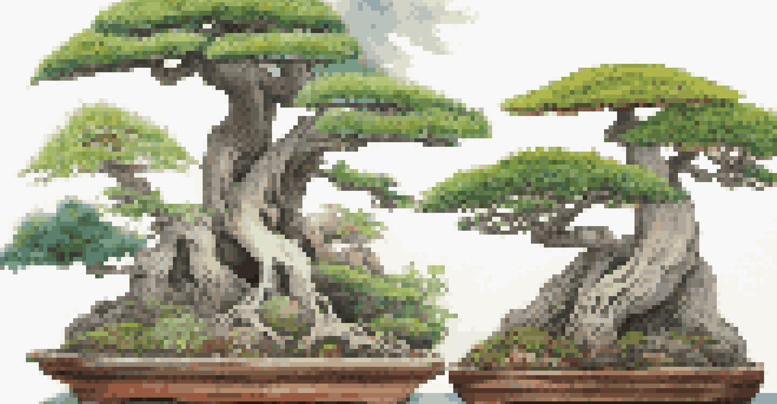 A collection of bonsai trees in different shapes and sizes, set in a peaceful garden.