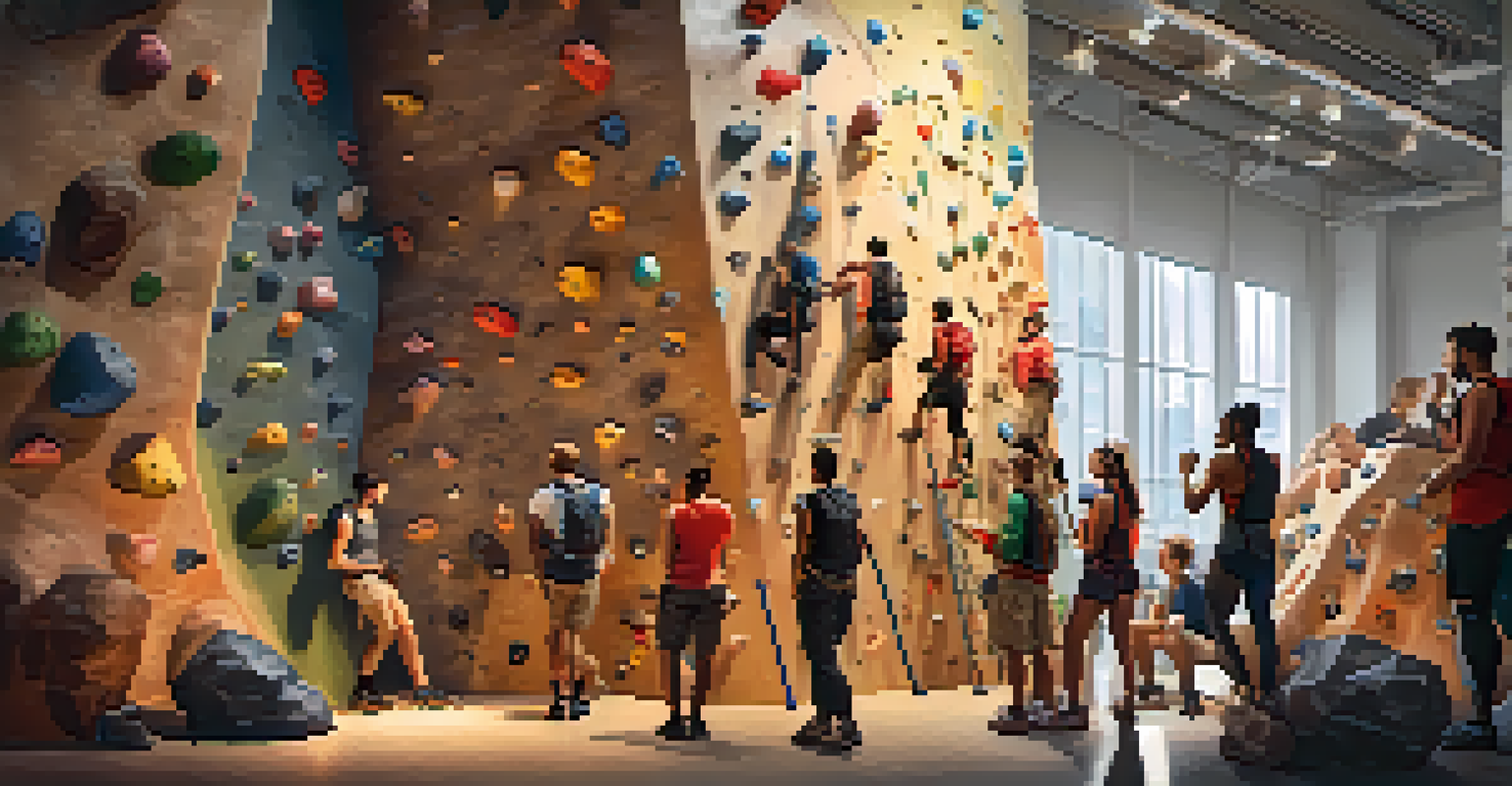 A supportive group of climbers at the base of a climbing wall, exchanging tips and encouragement.