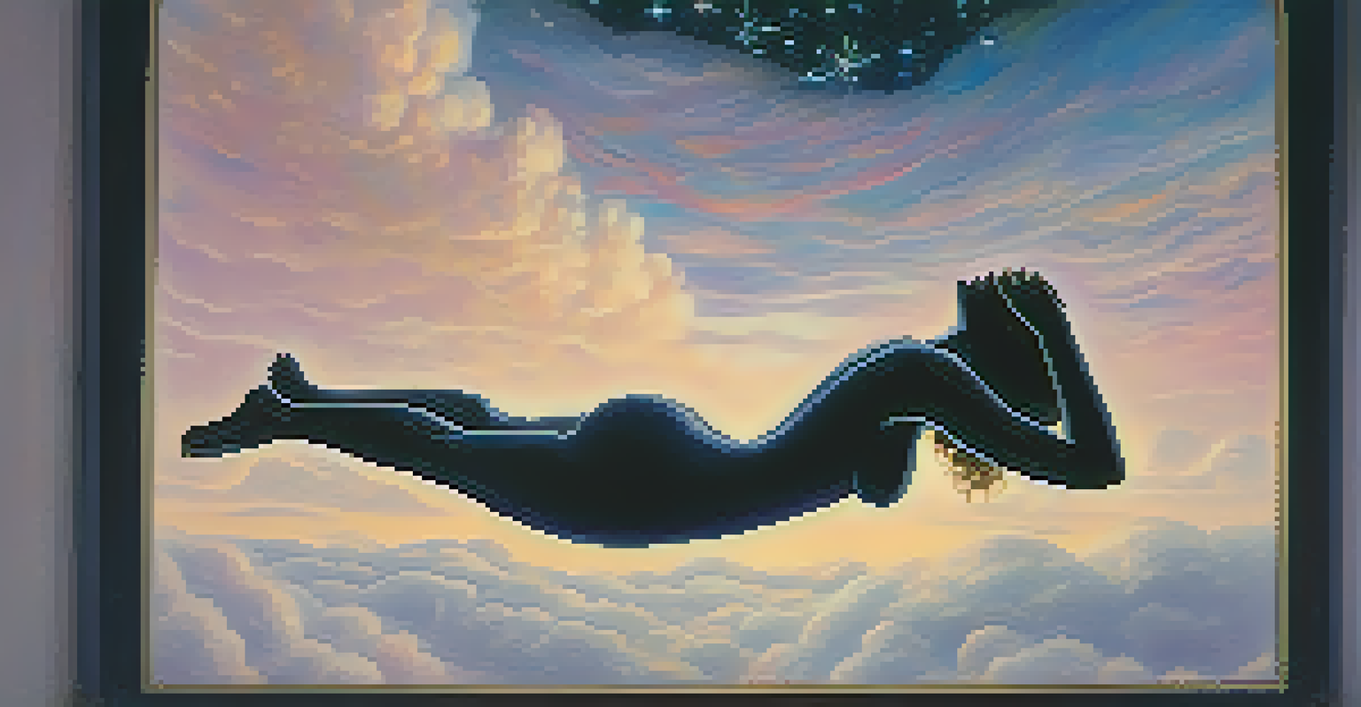 A silhouette of a person floating above their sleeping body in a softly lit bedroom, surrounded by stars and clouds.