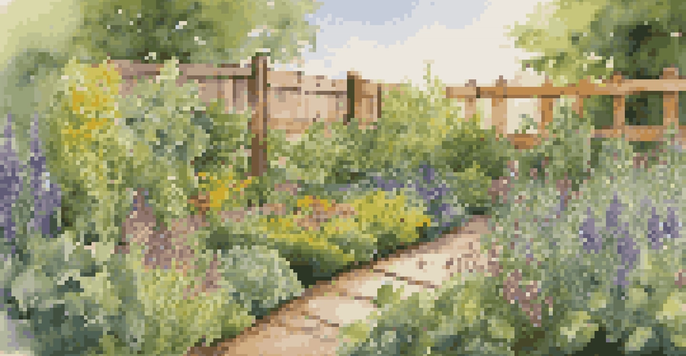 A colorful herb garden with various herbs like basil, rosemary, and thyme basking in the sunlight, attracting pollinators and featuring a wooden sign.