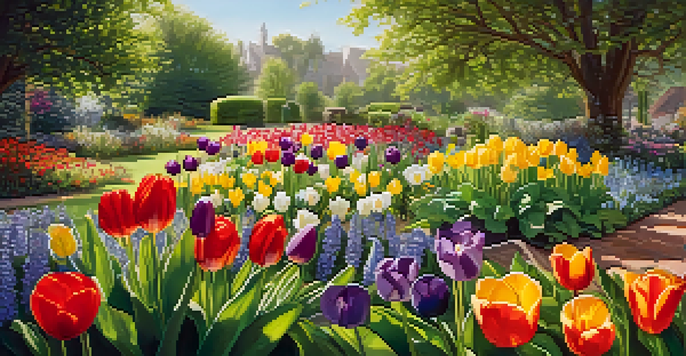 A colorful spring garden filled with tulips and pansies, with green herbs like basil and parsley, under warm morning sunlight and buzzing bees.