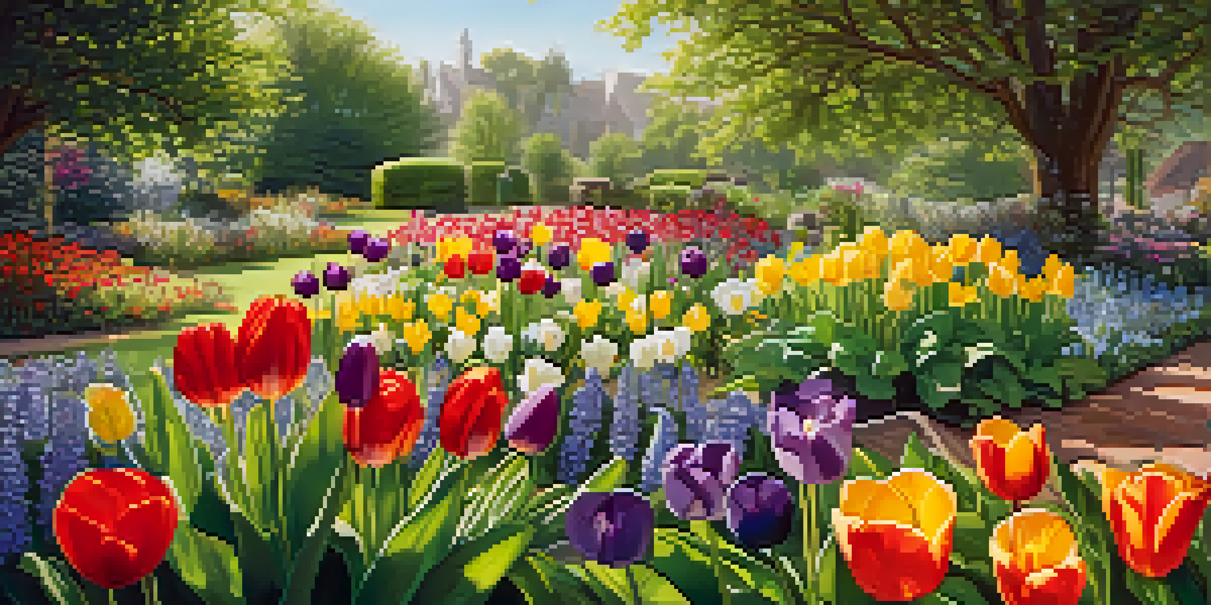 A colorful spring garden filled with tulips and pansies, with green herbs like basil and parsley, under warm morning sunlight and buzzing bees.