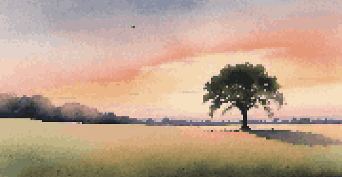 A single tree in an open field with a pastel sunset sky creates a peaceful atmosphere.