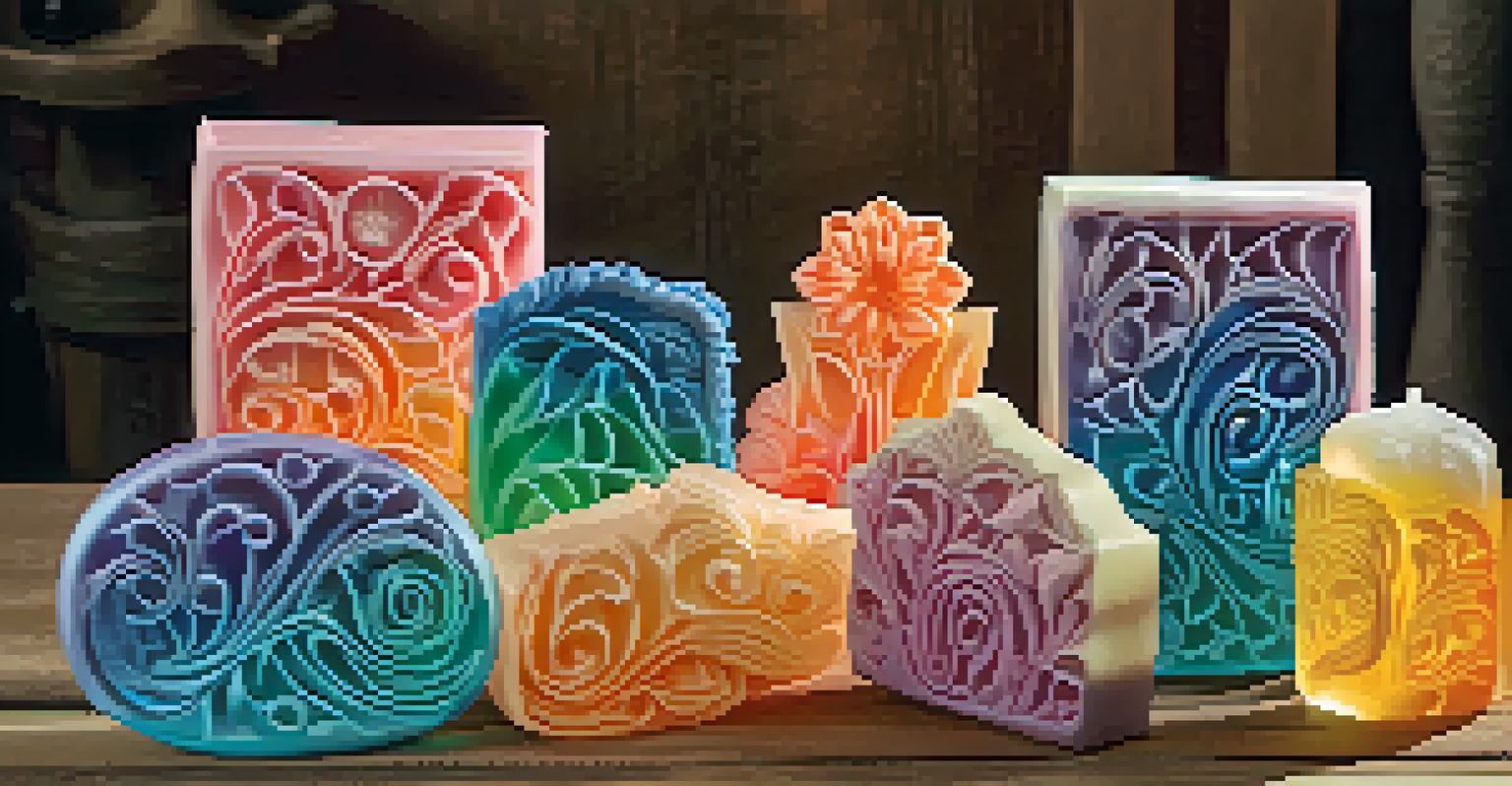 A beautiful arrangement of colorful and intricate soap sculptures on a wooden table.