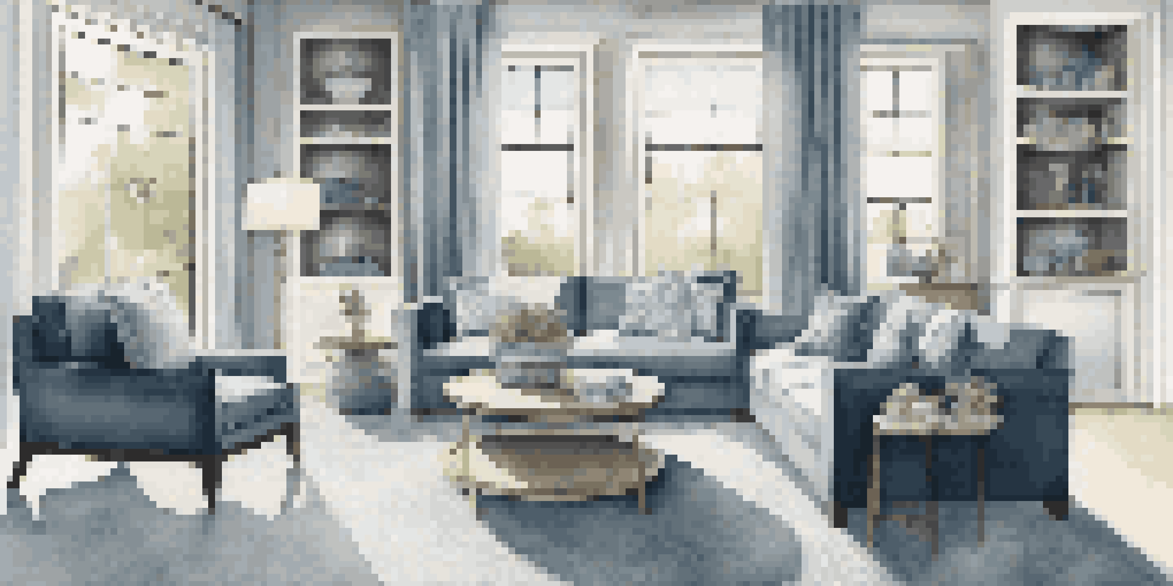 A cozy living room with a soft blue color scheme, featuring a velvet sofa and wooden coffee table, illuminated by natural light.