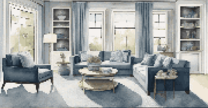 A cozy living room with a soft blue color scheme, featuring a velvet sofa and wooden coffee table, illuminated by natural light.