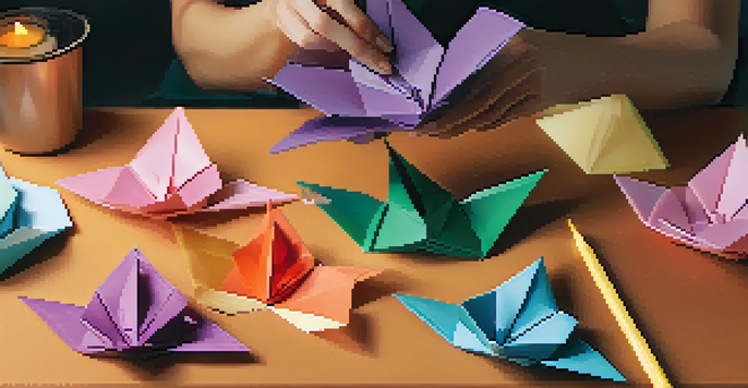 A peaceful origami workspace with colorful paper, warm lighting, a potted plant, and hands folding an origami crane.
