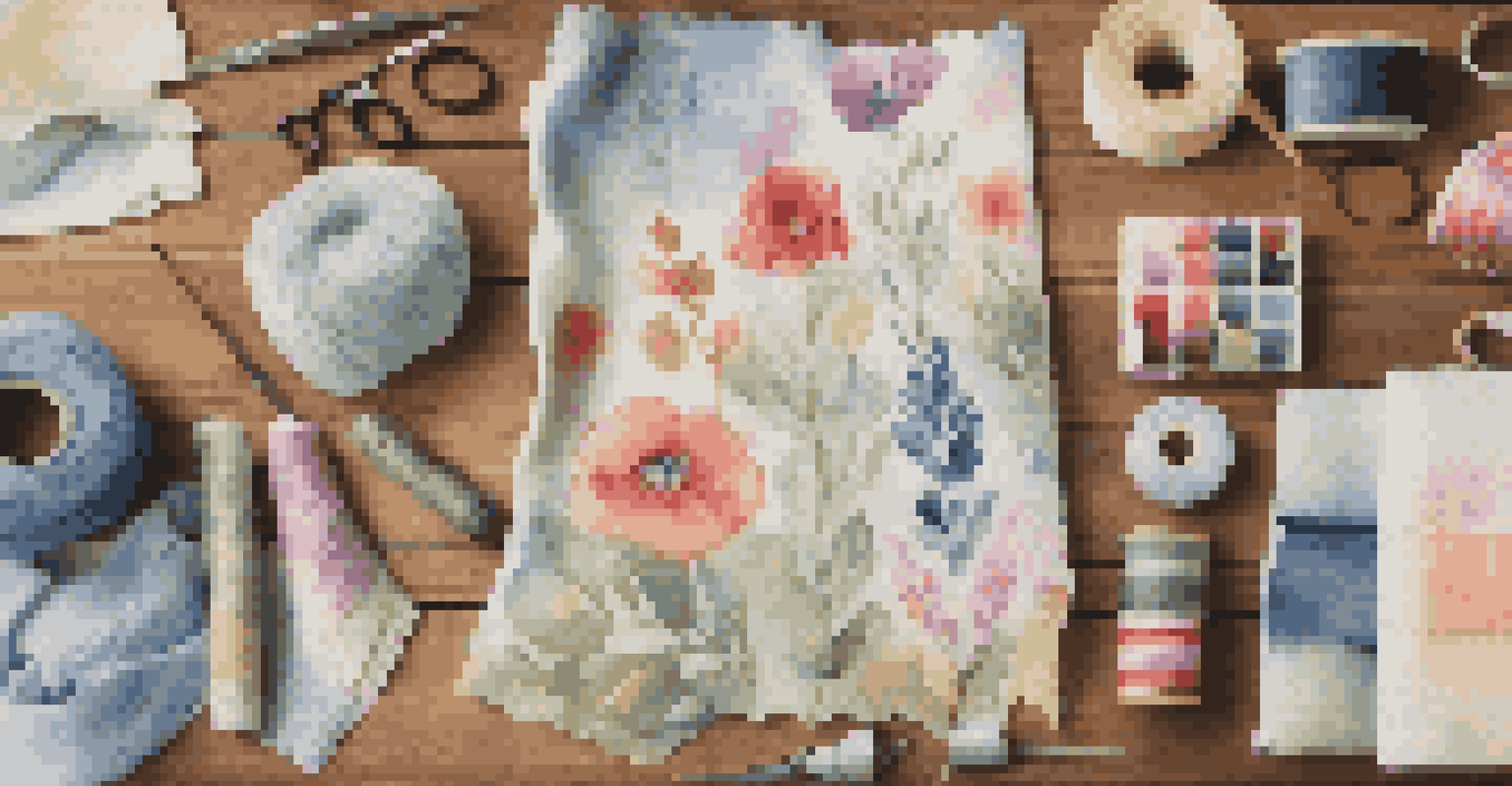 A flat lay of colorful assorted fabrics and sewing tools arranged on a wooden table.
