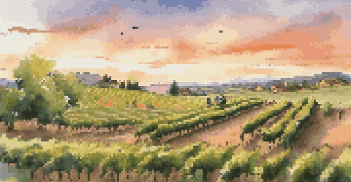 A biodynamic vineyard at sunset with grapevines, a farmer using compost, and sheep grazing, under a colorful sky.