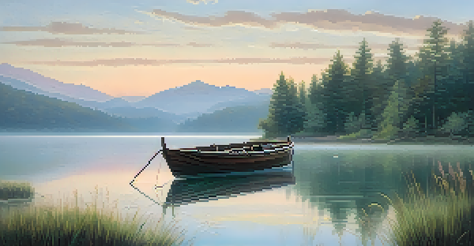 A calm lakeside at dawn with a fishing boat and reflections in the water, surrounded by greenery and mountains in the background.