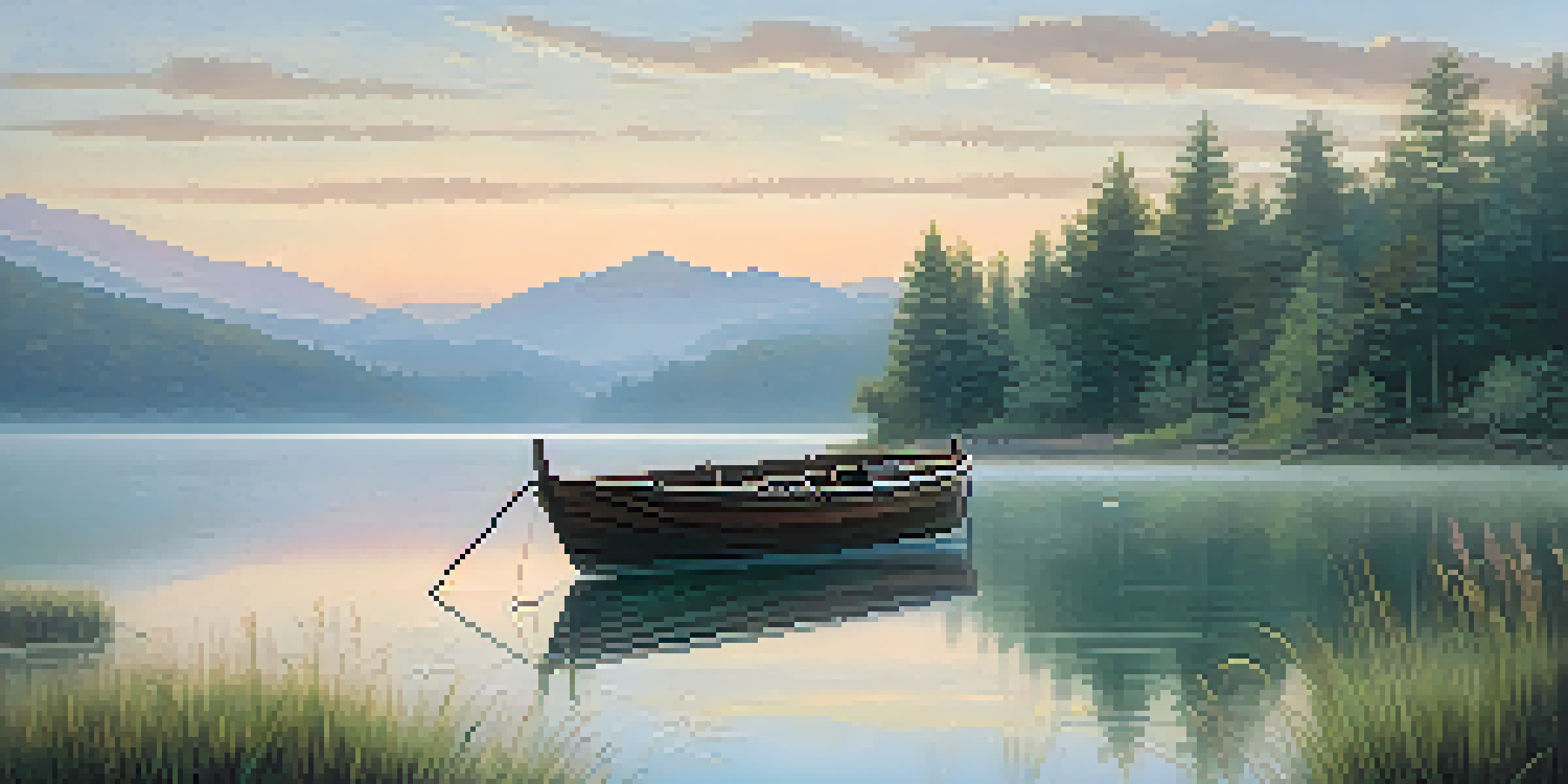 A calm lakeside at dawn with a fishing boat and reflections in the water, surrounded by greenery and mountains in the background.