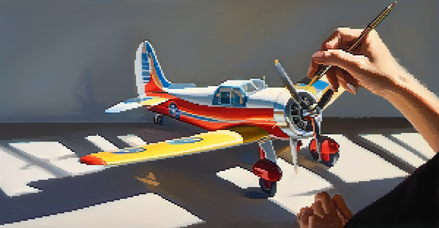 An artist painting a historical airplane model with bright colors, with natural light illuminating the scene.