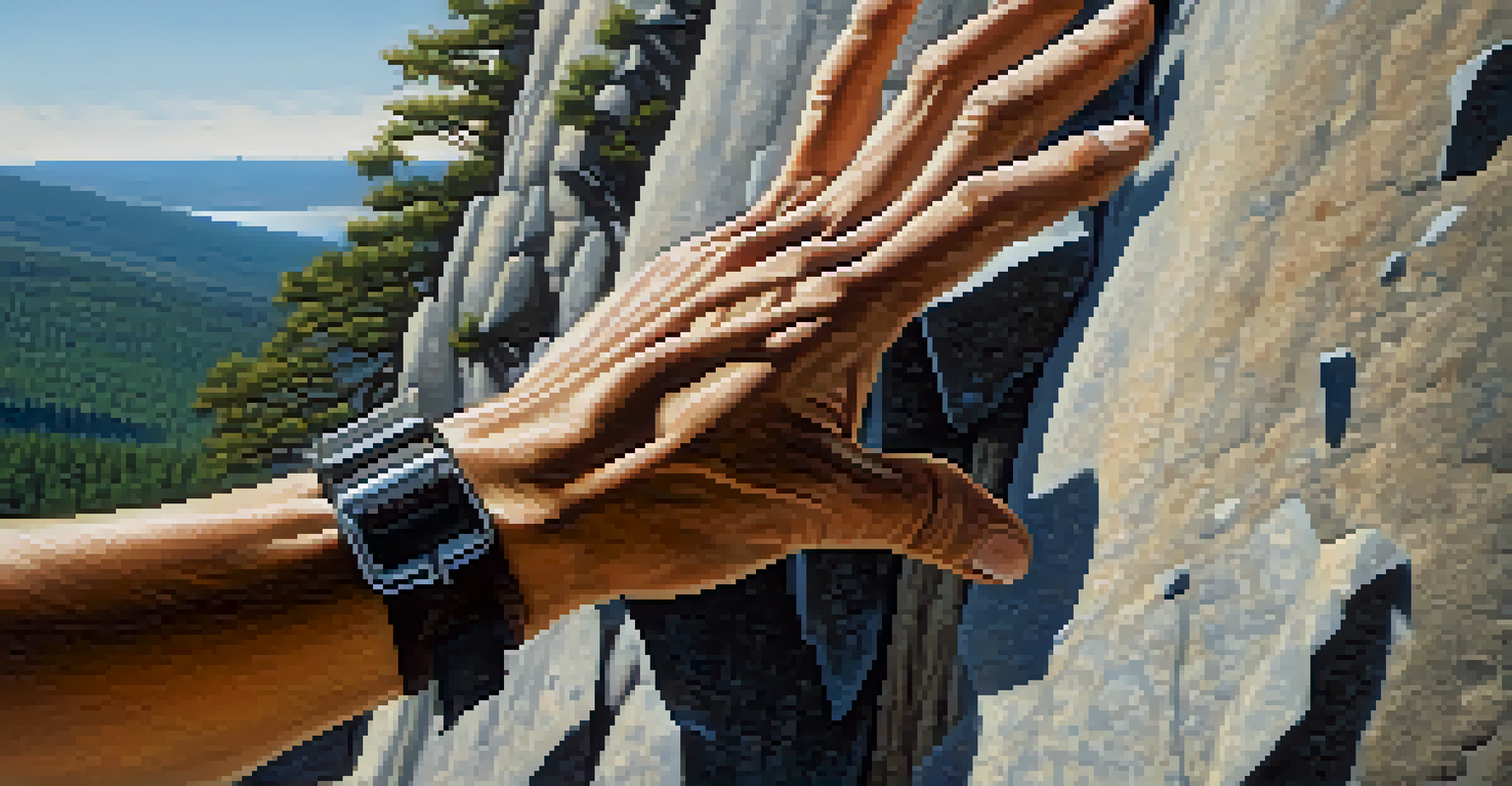 A close-up of a climber's chalked hands gripping a rocky surface with blurred climbers in the background under sunlight.