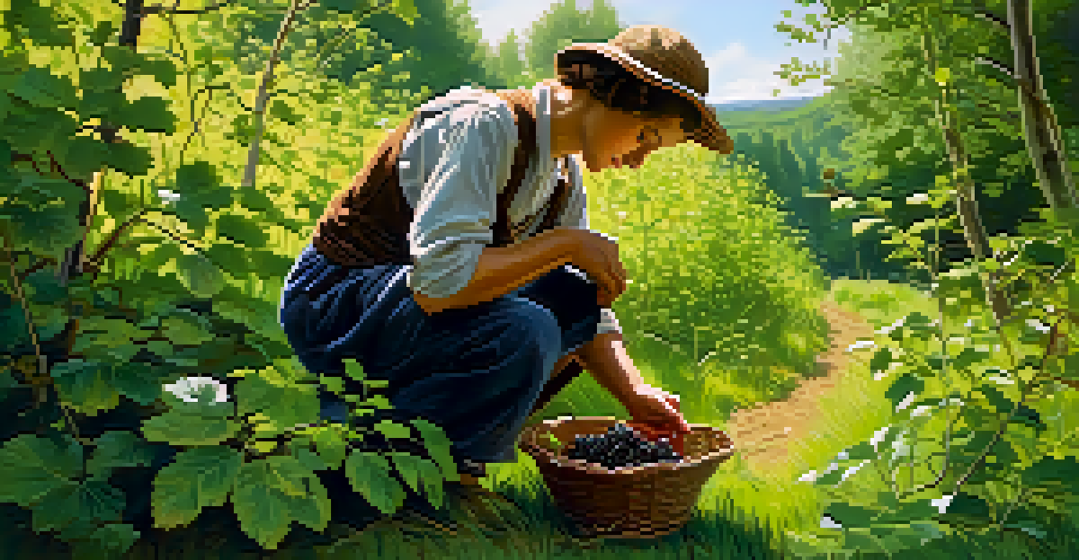 A forager picking blackberries in a green forest with sunlight filtering through the trees.