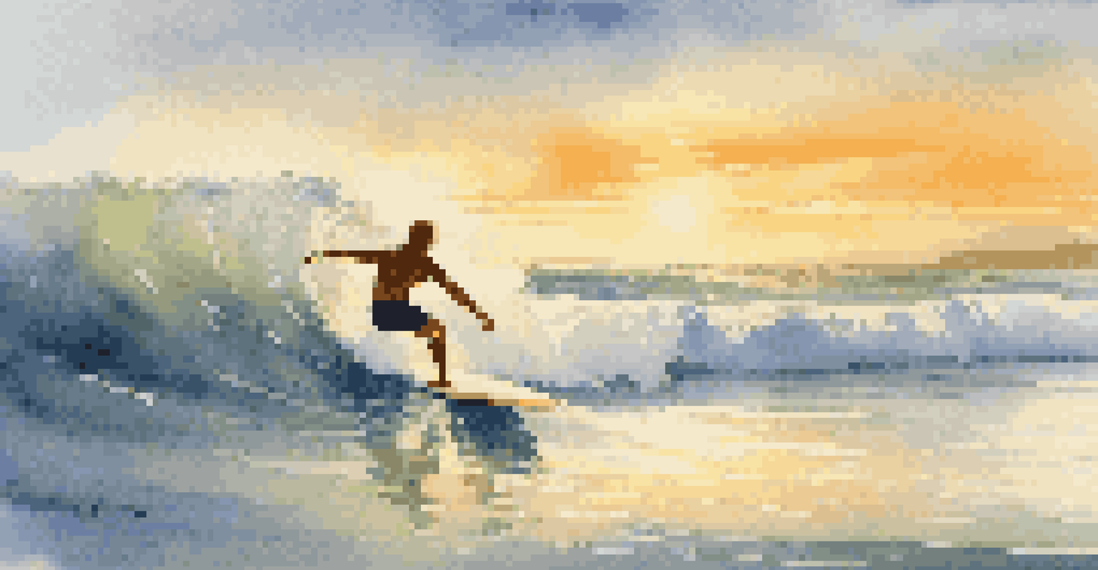 A surfer riding a wave at dawn, illuminated by golden sunlight in a tranquil ocean setting.