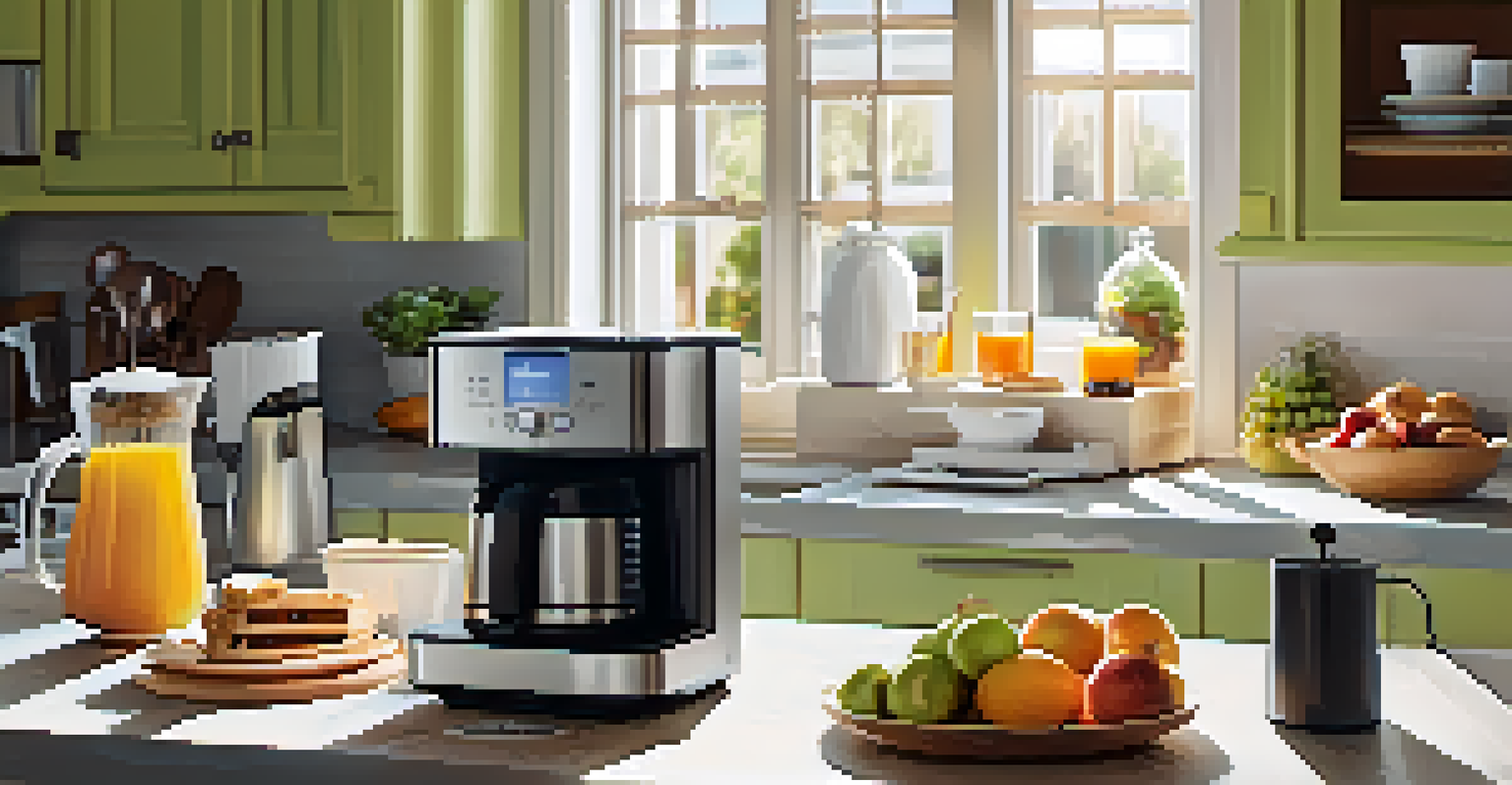 A cheerful kitchen scene with a family enjoying breakfast, featuring smart appliances and devices.