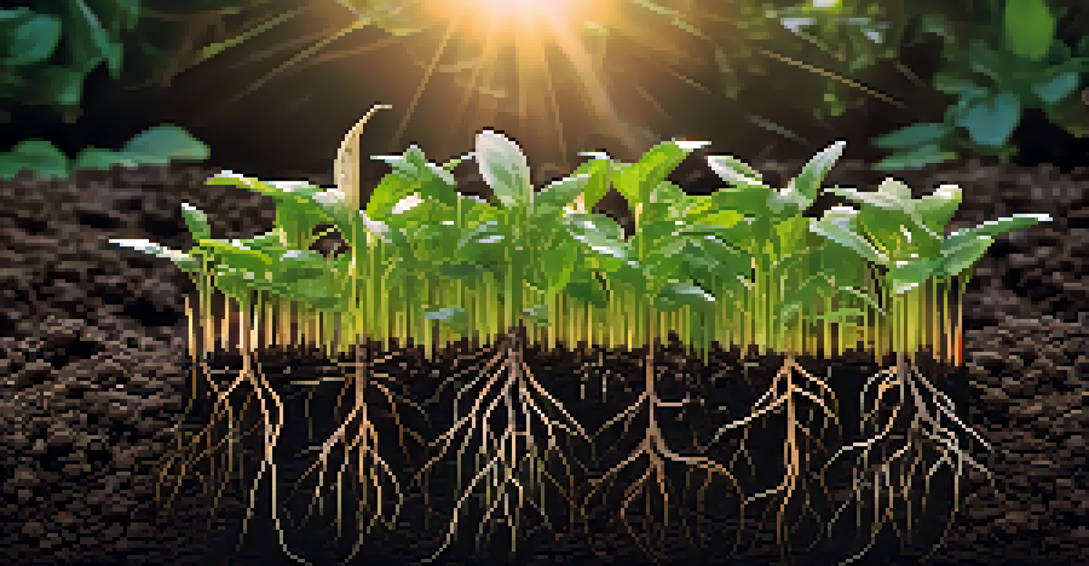 A close-up of healthy soil layers showing roots of various crops, representing the benefits of crop rotation.