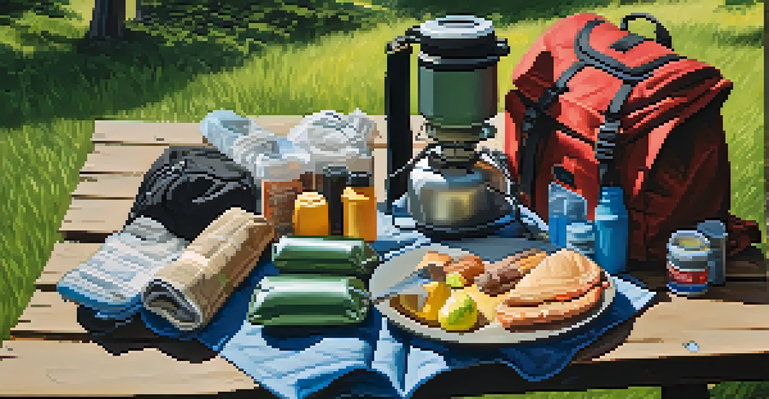 Close-up of a well-organized backpack on a picnic table with camping gear and sunlight filtering through trees.