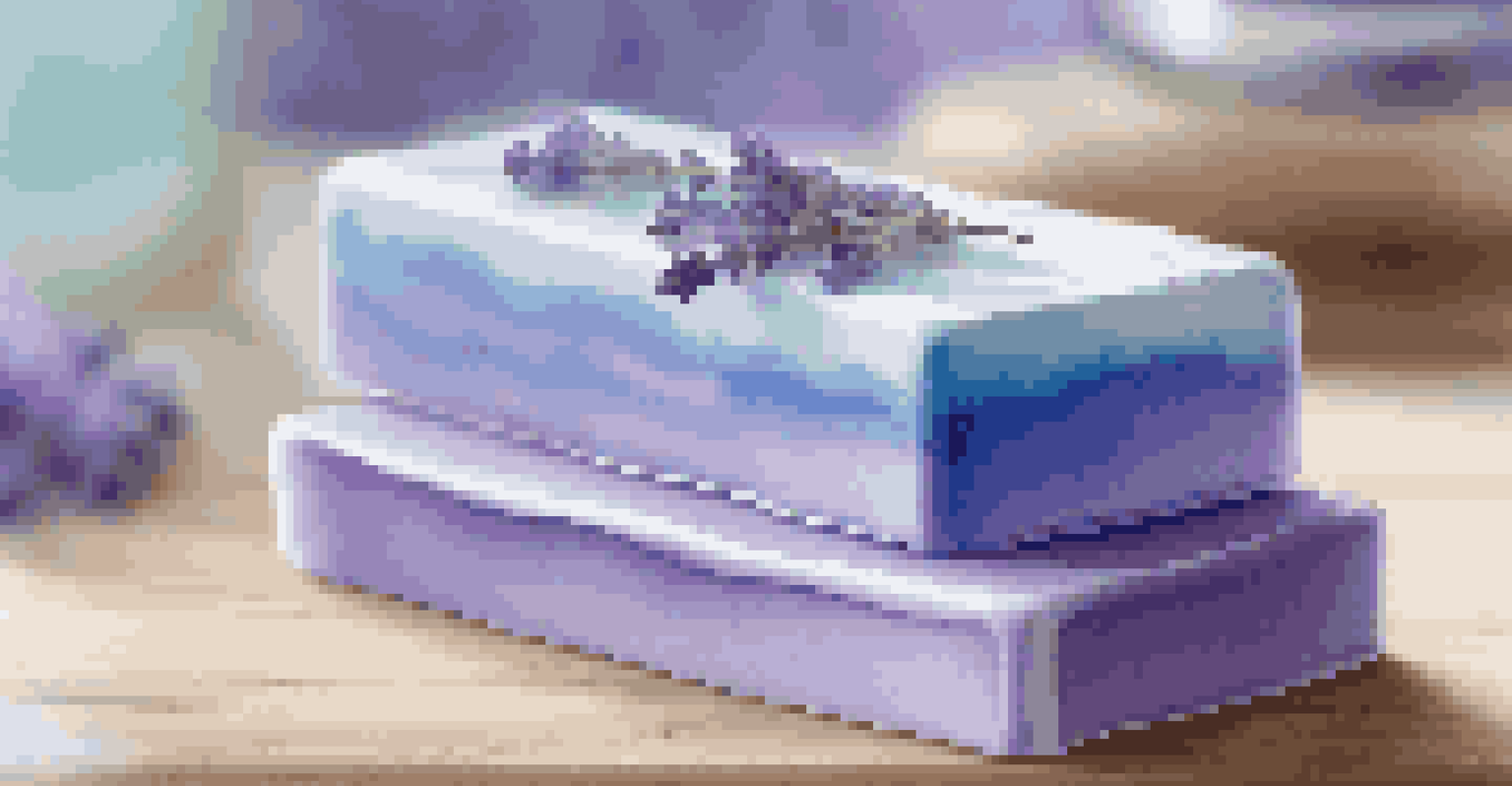 A close-up of a layered soap bar in purple and blue, with dried flowers, set against a soft blurred background of crafting supplies.