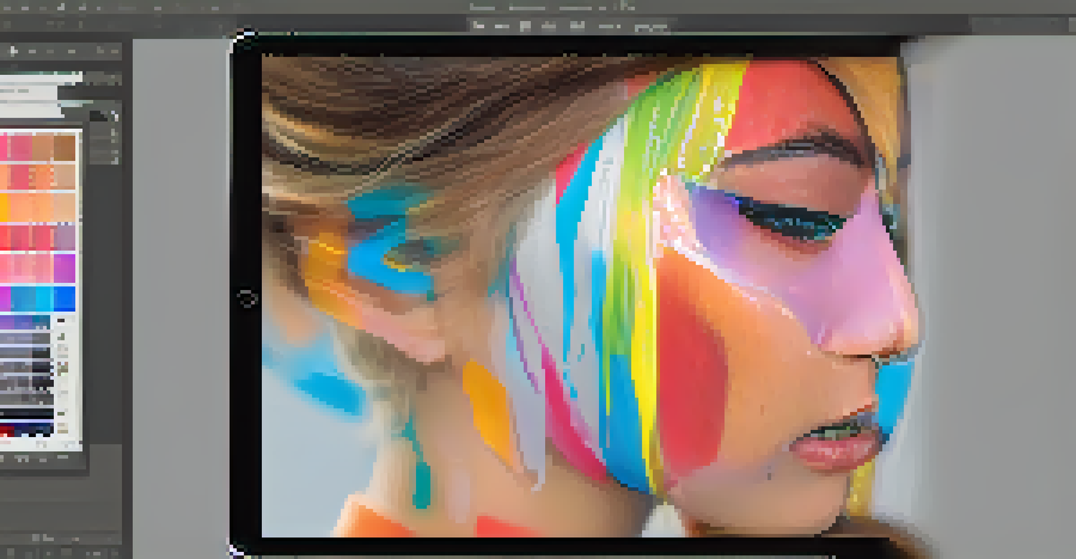 A close-up of a tablet showing portrait editing in Photoshop with various tools and layers visible.