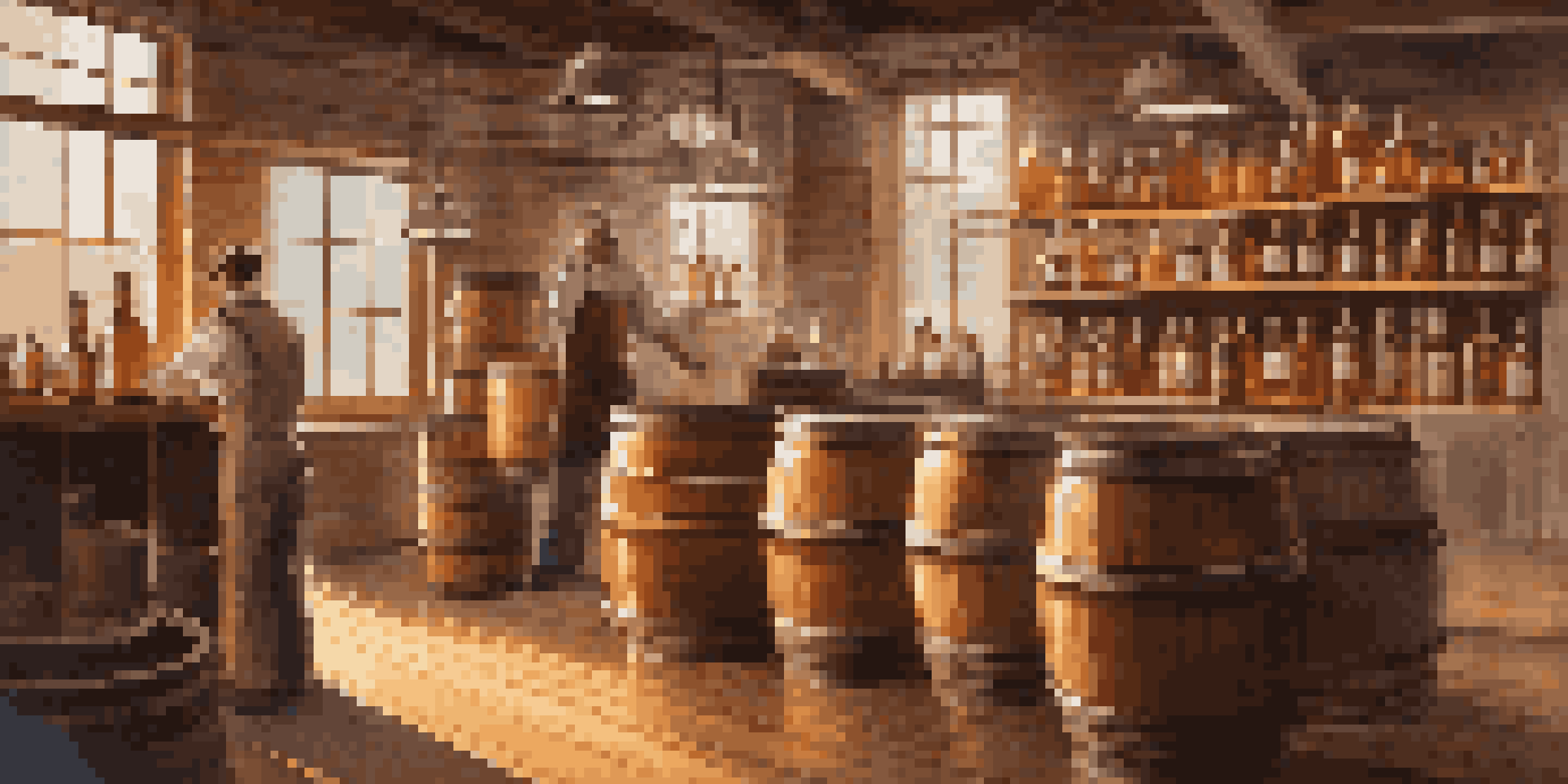 An interior view of a craft distillery with barrels, distillation equipment, and a distiller inspecting a glass beaker under warm sunlight.