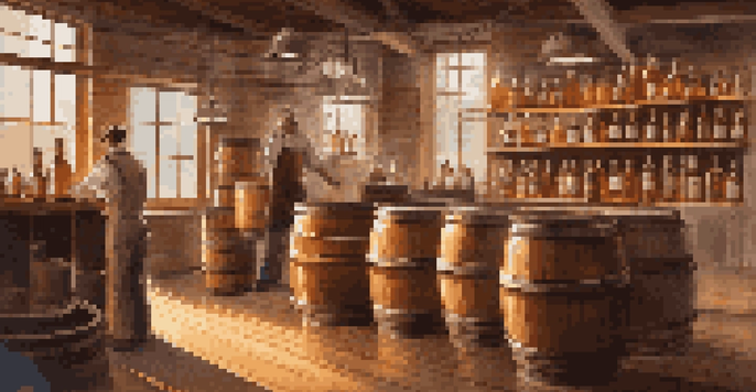 An interior view of a craft distillery with barrels, distillation equipment, and a distiller inspecting a glass beaker under warm sunlight.