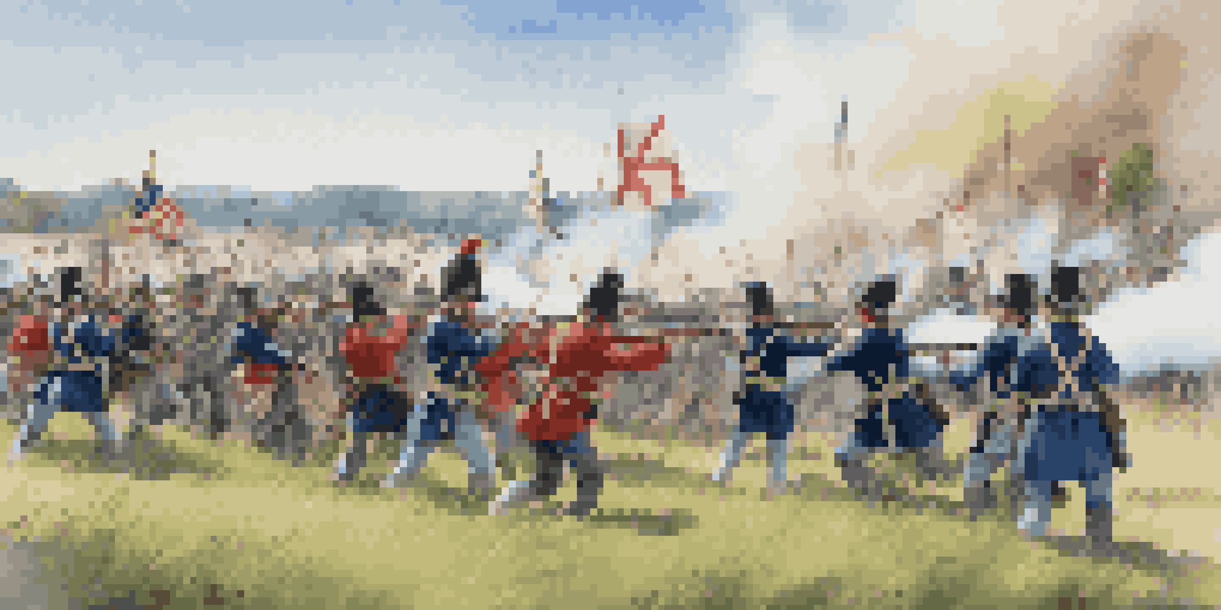A group of reenactors in Civil War uniforms engaged in a battle reenactment on a green field, with smoke and flags in the background.