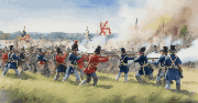 A group of reenactors in Civil War uniforms engaged in a battle reenactment on a green field, with smoke and flags in the background.