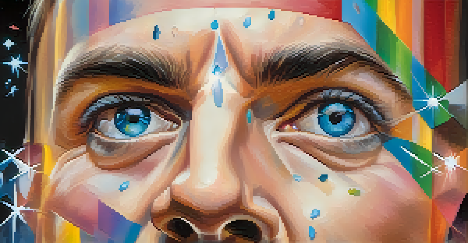 A close-up of a magician's face displaying various emotions, with colorful props in the foreground.