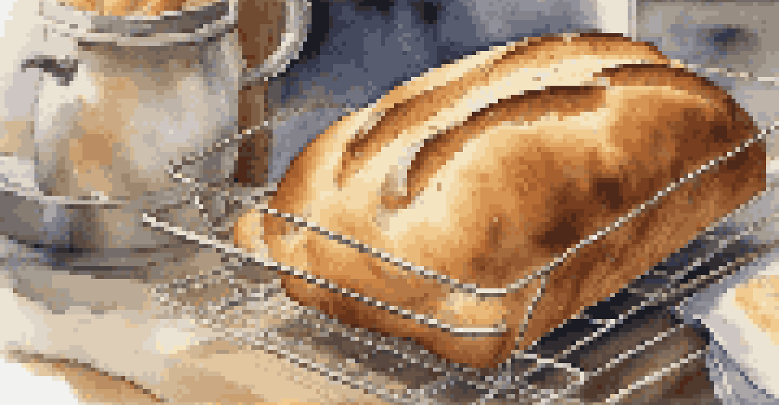 Freshly baked bread on a wire rack, with steam rising and a golden-brown crust, in a cozy kitchen background.