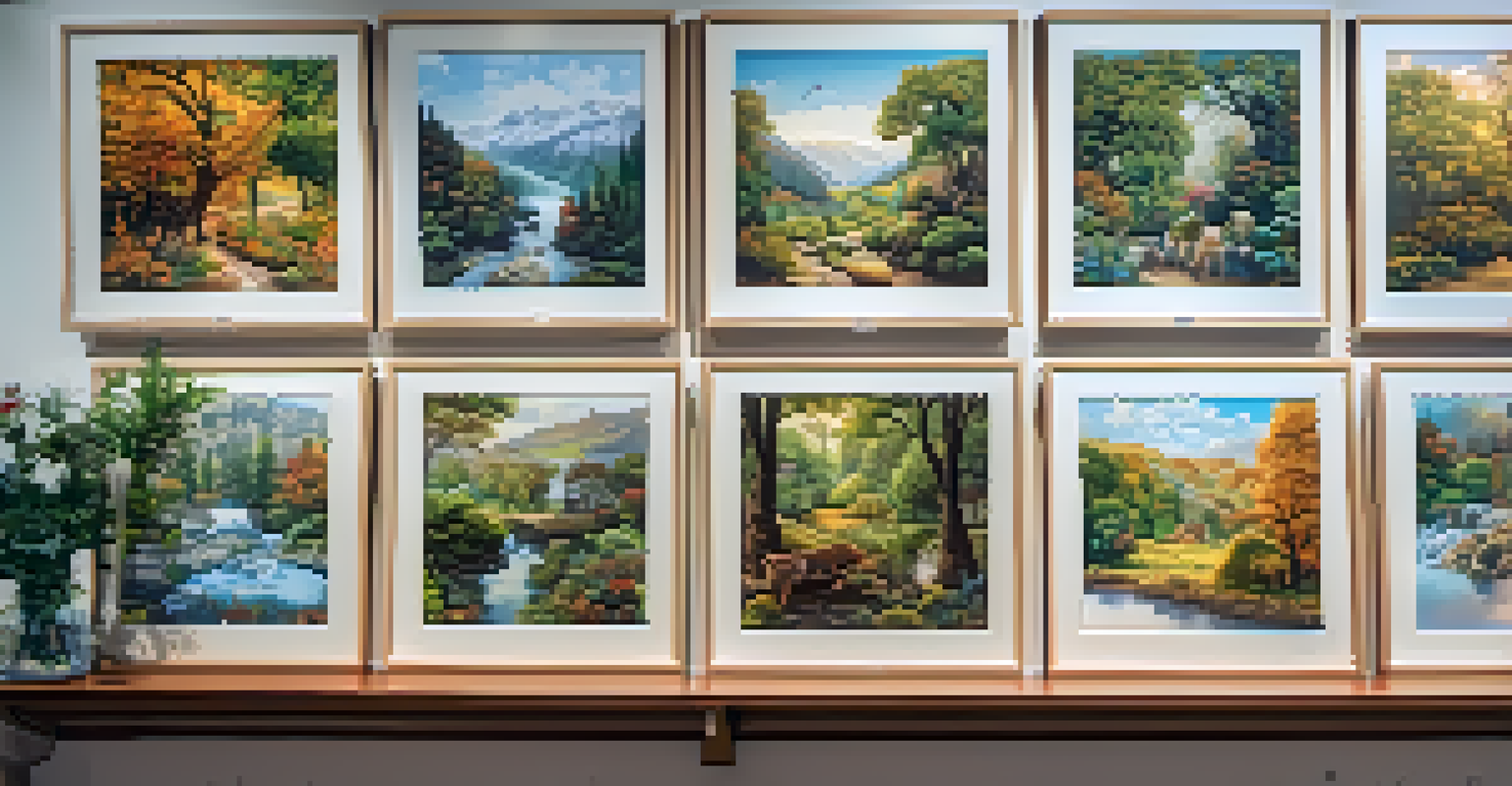 A gallery wall displaying beautifully framed completed jigsaw puzzles with various themes, illuminated by warm light.