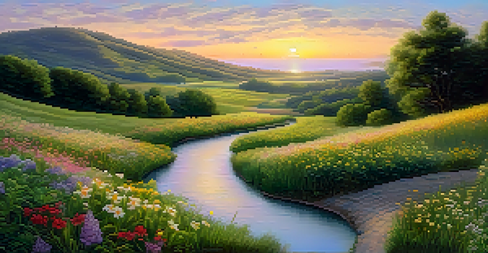 A tranquil landscape illustrating the golden ratio in nature with a winding river, rolling hills, and a colorful sunset sky.