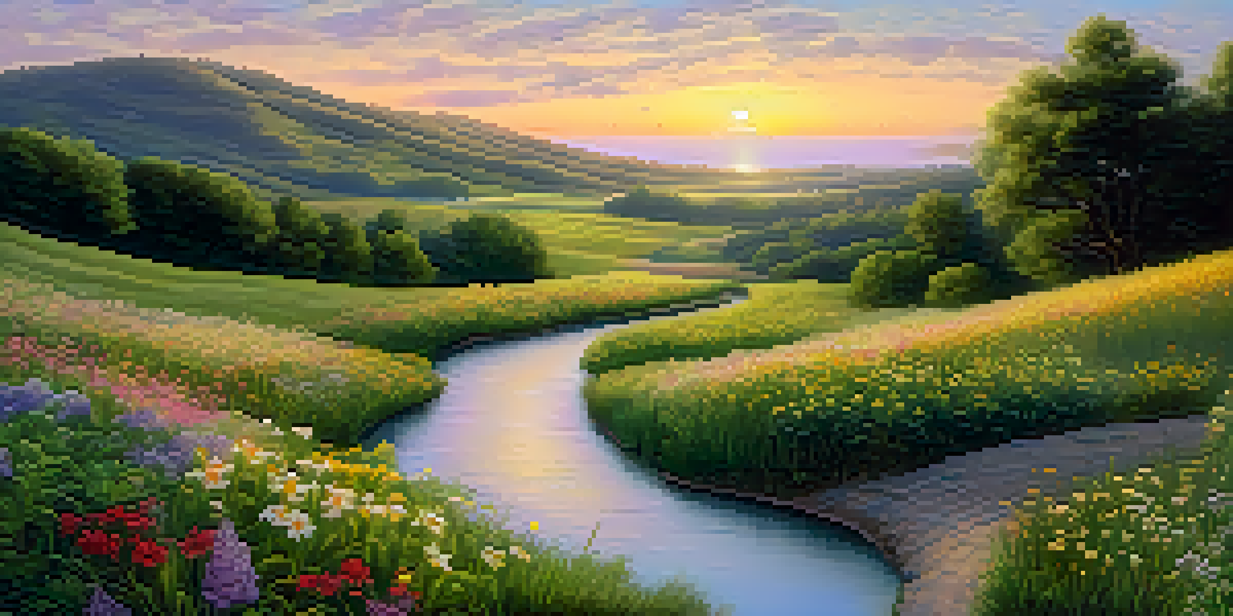 A tranquil landscape illustrating the golden ratio in nature with a winding river, rolling hills, and a colorful sunset sky.