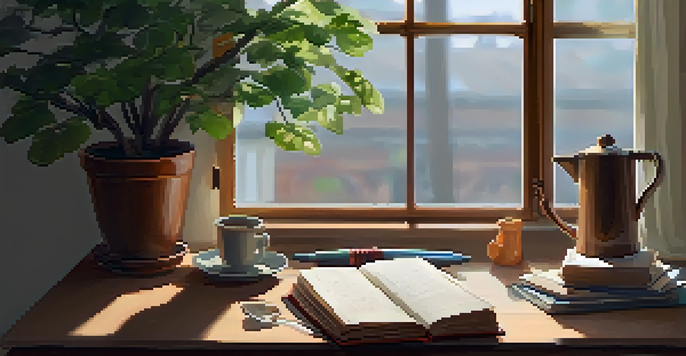 A peaceful study area with a wooden desk, an open book, a cup of tea, and a potted plant, illuminated by soft natural light.