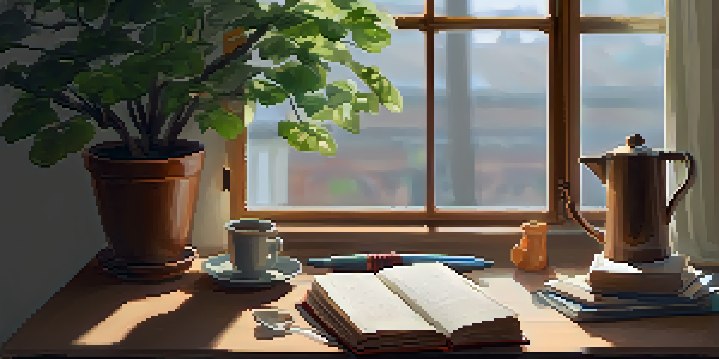 A peaceful study area with a wooden desk, an open book, a cup of tea, and a potted plant, illuminated by soft natural light.