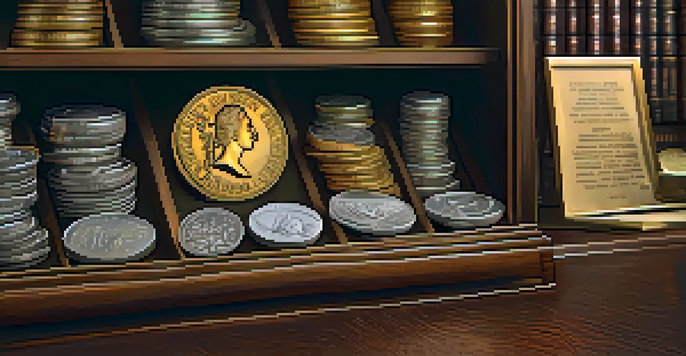 A vintage coin collection displayed in a wooden cabinet, illuminated by warm lighting, with a blurred study background.